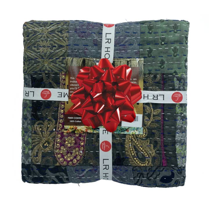 Black Handmade Kantha Throw Blanket – One-of-a-Kind Sari Quilt for wholesale on Faire3