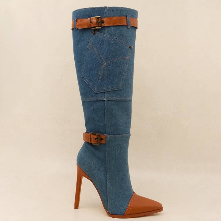 LIGHTSPOT- Denim Buckle Boots w/ Contrast Leather Trim for wholesale by Lemonade Shoes