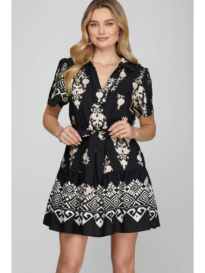 Peace Love Line - Wholesale Dress - Women's - PL6695 - WOVEN BORDER PRINT MINI DRESS