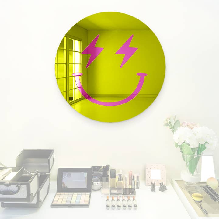 Happy Face with Lightning Bolt Eyes, Acrylic Mirror Decor for wholesale by 4ArtWorks