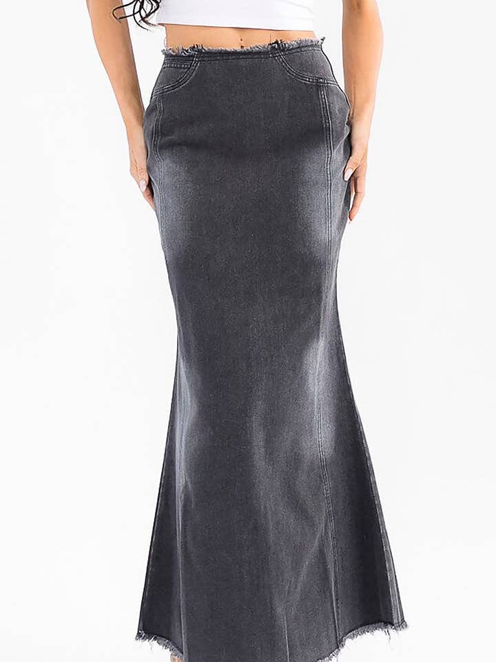 WASHED DENIM ZIPPER CLOSURE MAXI SKIRT for wholesale by ROUSSEAU