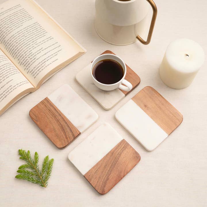 LuxeDesigns Co LLC - Wholesale Coasters - Square Wood and Marble Drinks Coasters Set of 4 13