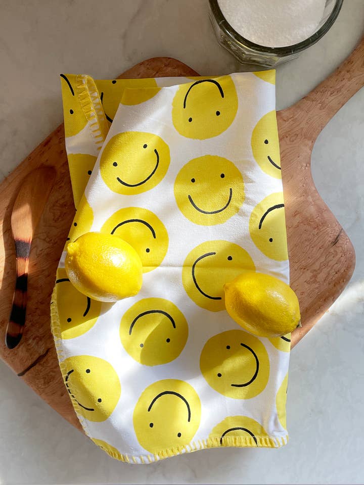 Smiley Cotton Tea Towel with Embroidered Detail for wholesale by Idlewild Co.
