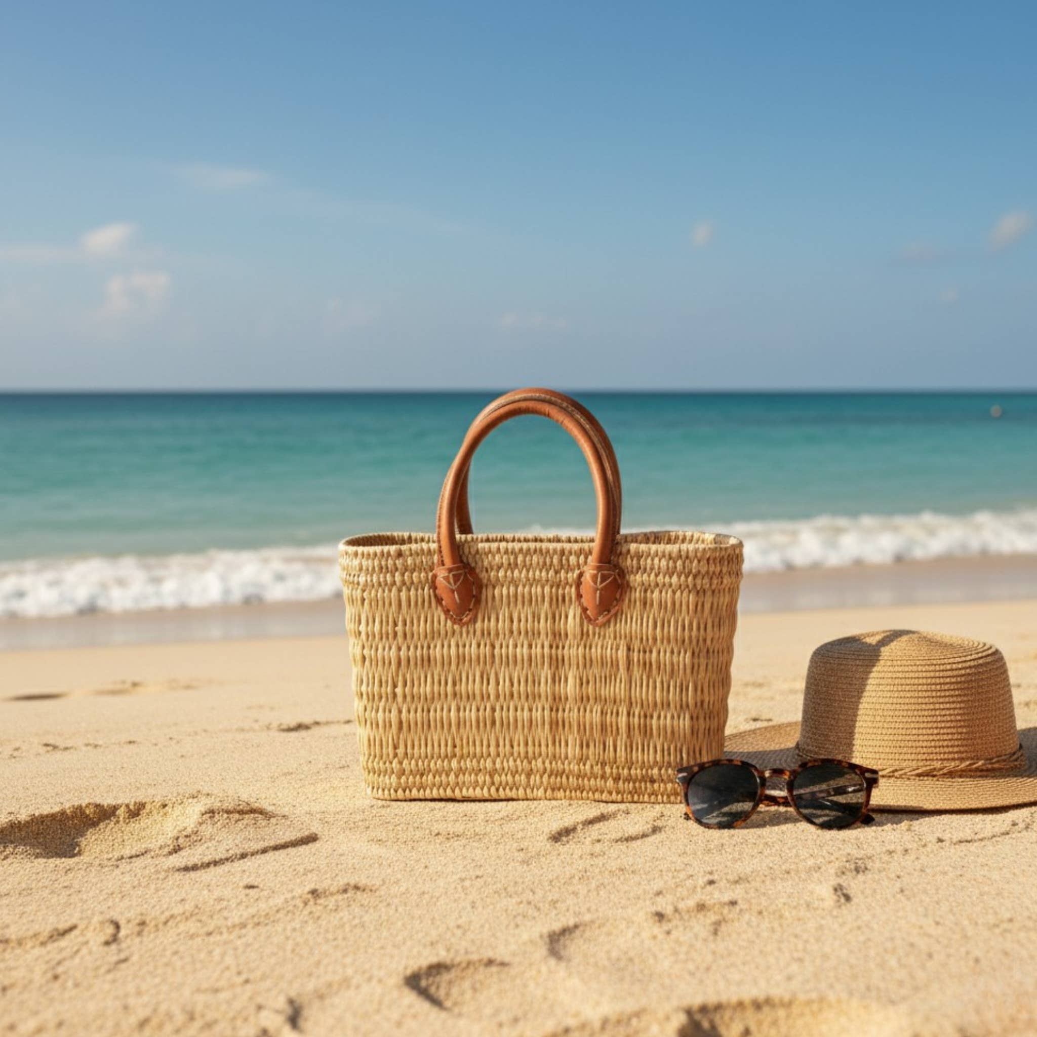 LeBazare - Vendita all'ingrosso Borsa da spiaggia - Cesto in Vimini con Manici Rinforzati in Pelle1