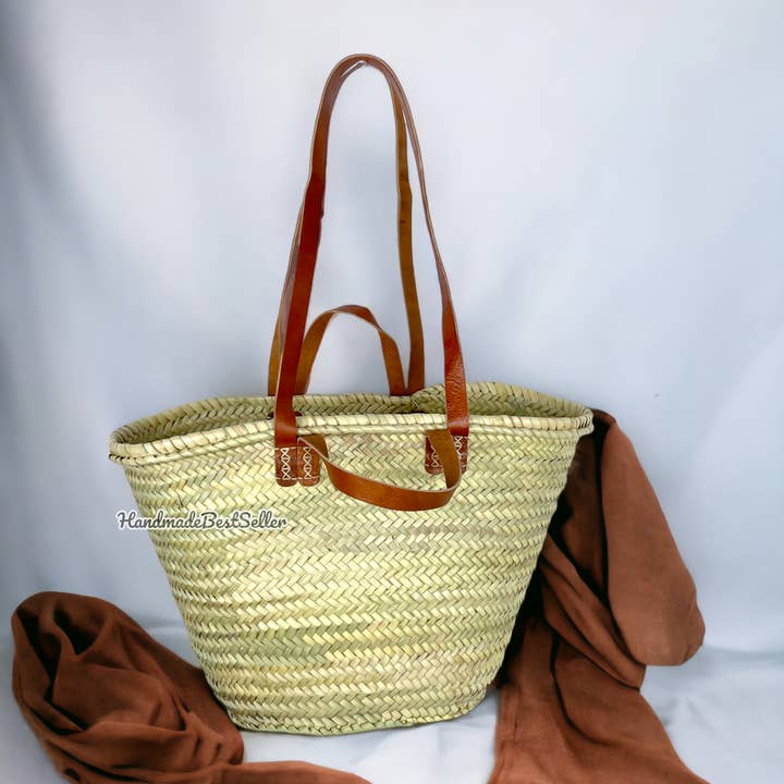HandmadeBestSeller – wholesale Beach bag – French Market Basket With Leather Handles, Straw bag