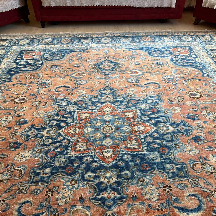 Large Vintage Turkish Wool Rug: Hand-Knotted Persian Design (10x12.45 ft) for wholesale by MesopotamiaRugs