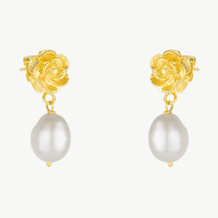 Boucles d'oreilles pendantes en perles Rose Doré pour la vente par Mejoma