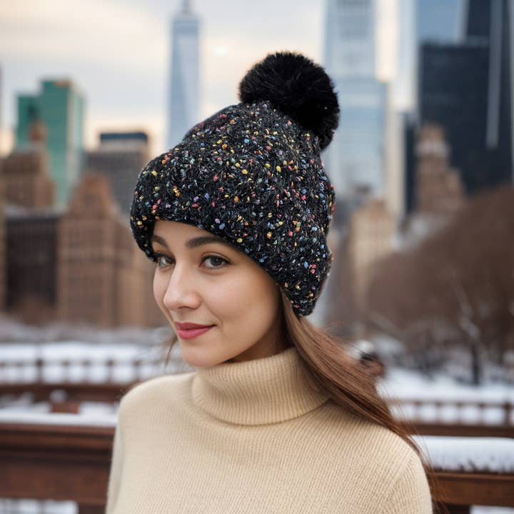 Confetti Faux Fur PomPom Hat - Jet Black for wholesale by Black Ginger