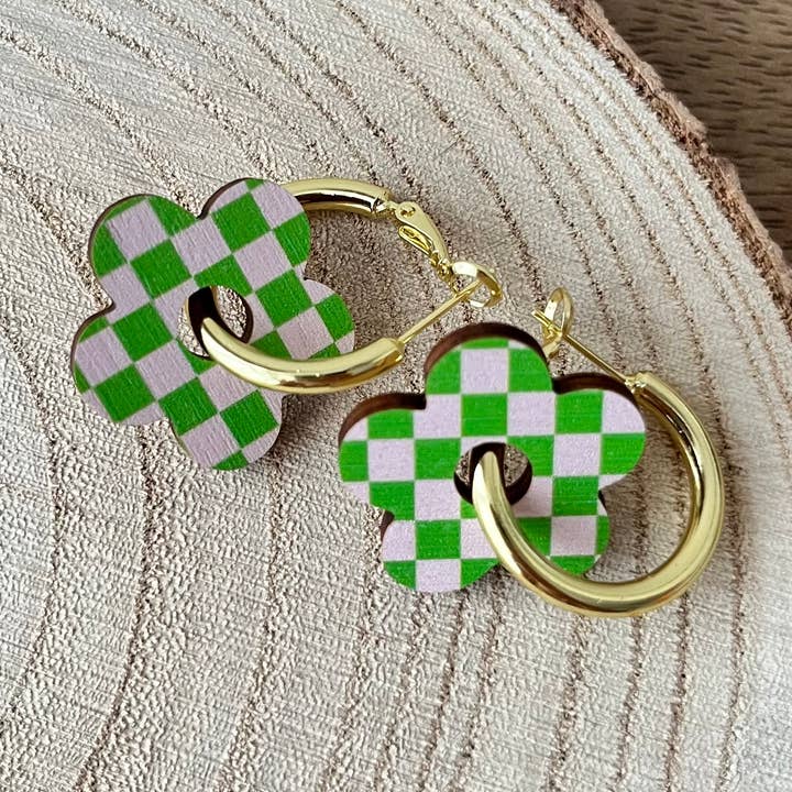 Boho Checkerboard ~ Pink and Green Floral Hoop Earrings for wholesale by Soul and Style