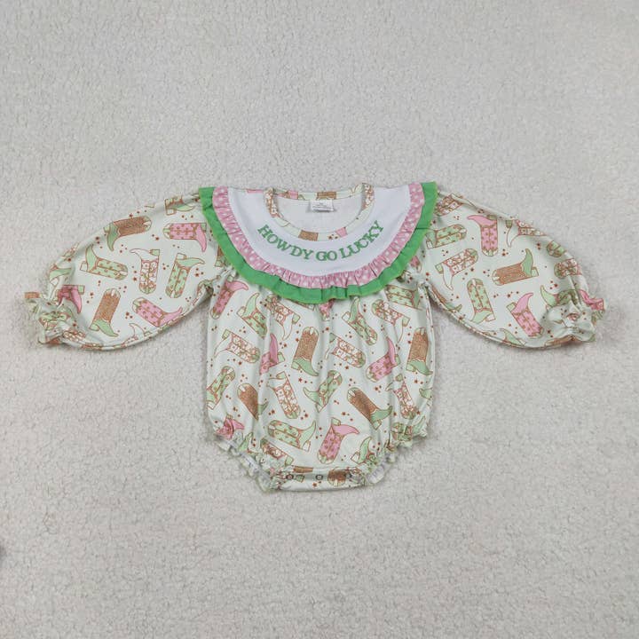 Embroidery Howdy Go Lucky Baby Girls Boots Stars Western Ruffle Rompers for wholesale by Aier Wholesale