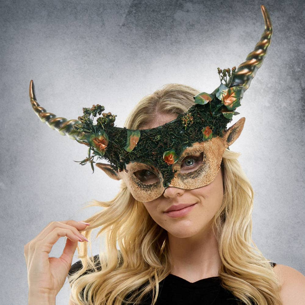 Green Leaf Embellished Enchanted Forest Honed Masquerade Halloween Mask for wholesale on Faire0