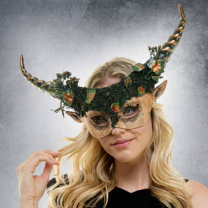 Green Leaf Embellished Enchanted Forest Honed Masquerade Halloween Mask for wholesale on Faire