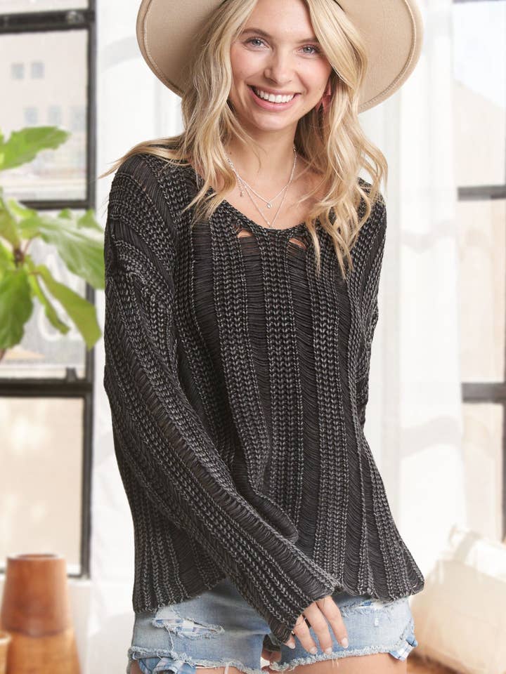 Madelyn - Wholesale Knit Sweater - Women's - LESW3703- DISTRESSED MINERAL WASHED SWEATER7