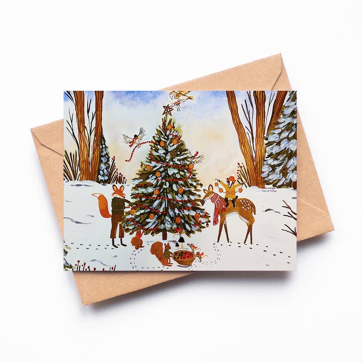 Carte de vœux simple et vierge de Noël en forêt pour la vente par Randi Lynn Reed Illustration