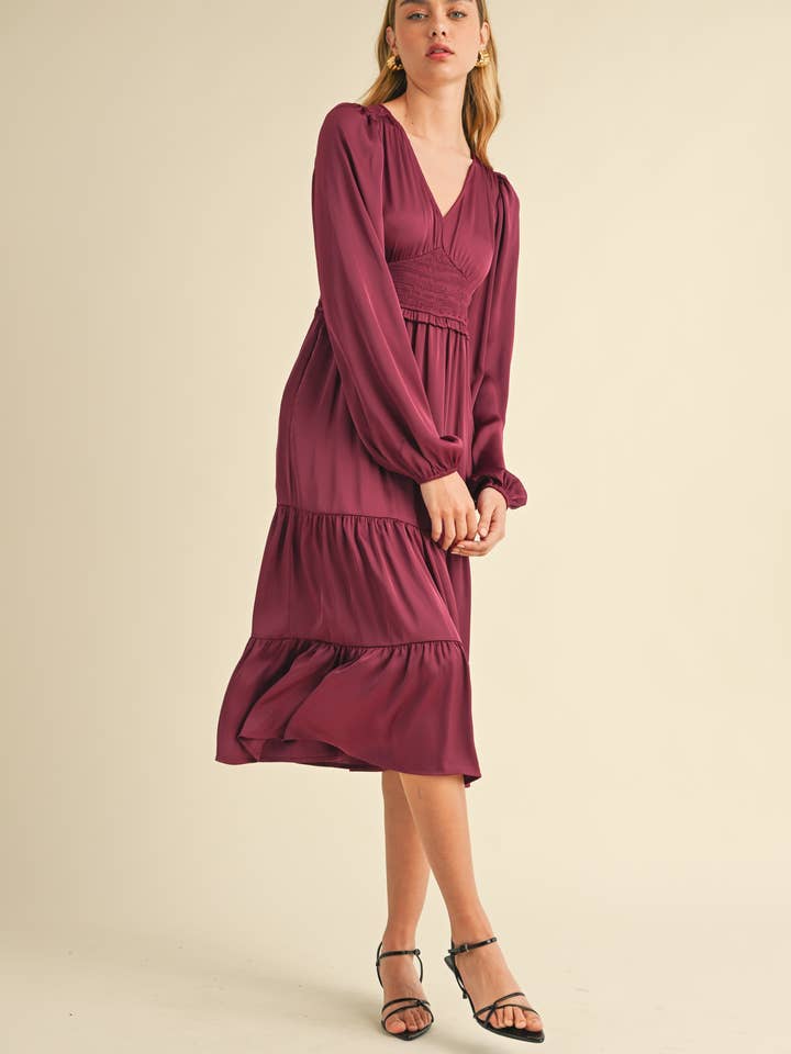 WINE ED5451 Elegant Midi Dress with Smocked Waist for wholesale on Faire2
