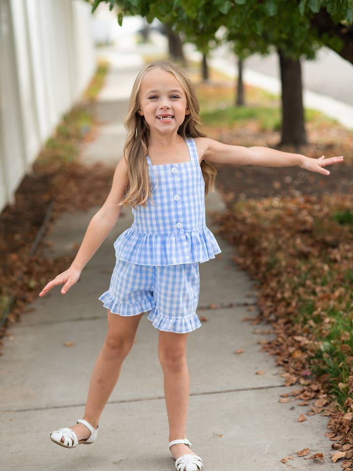 Wren & James - Wholesale Top & Short Set - Kids - Kids Blue Check Gingham Ruffle Button Short Set1