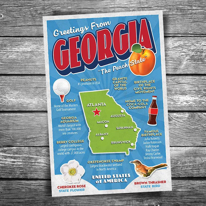 Greetings from Georgia Postcard for wholesale by Christopher Arndt Postcard Co.