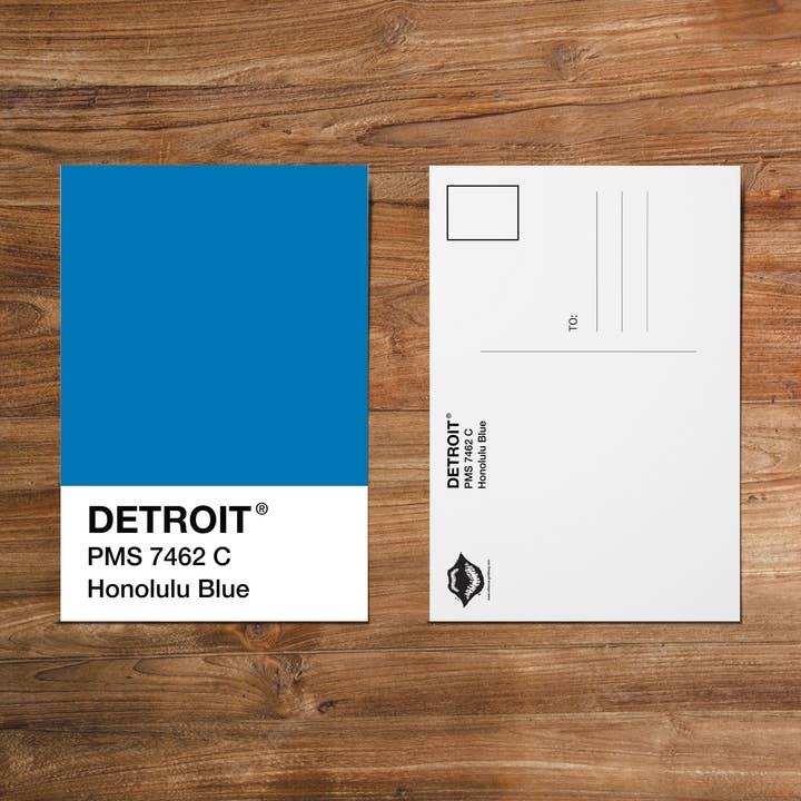 Designs by Rebecca Goldberg - Wholesale Sticker - DETROIT - Honolulu Blue - Color Swatch Postcard / Lions