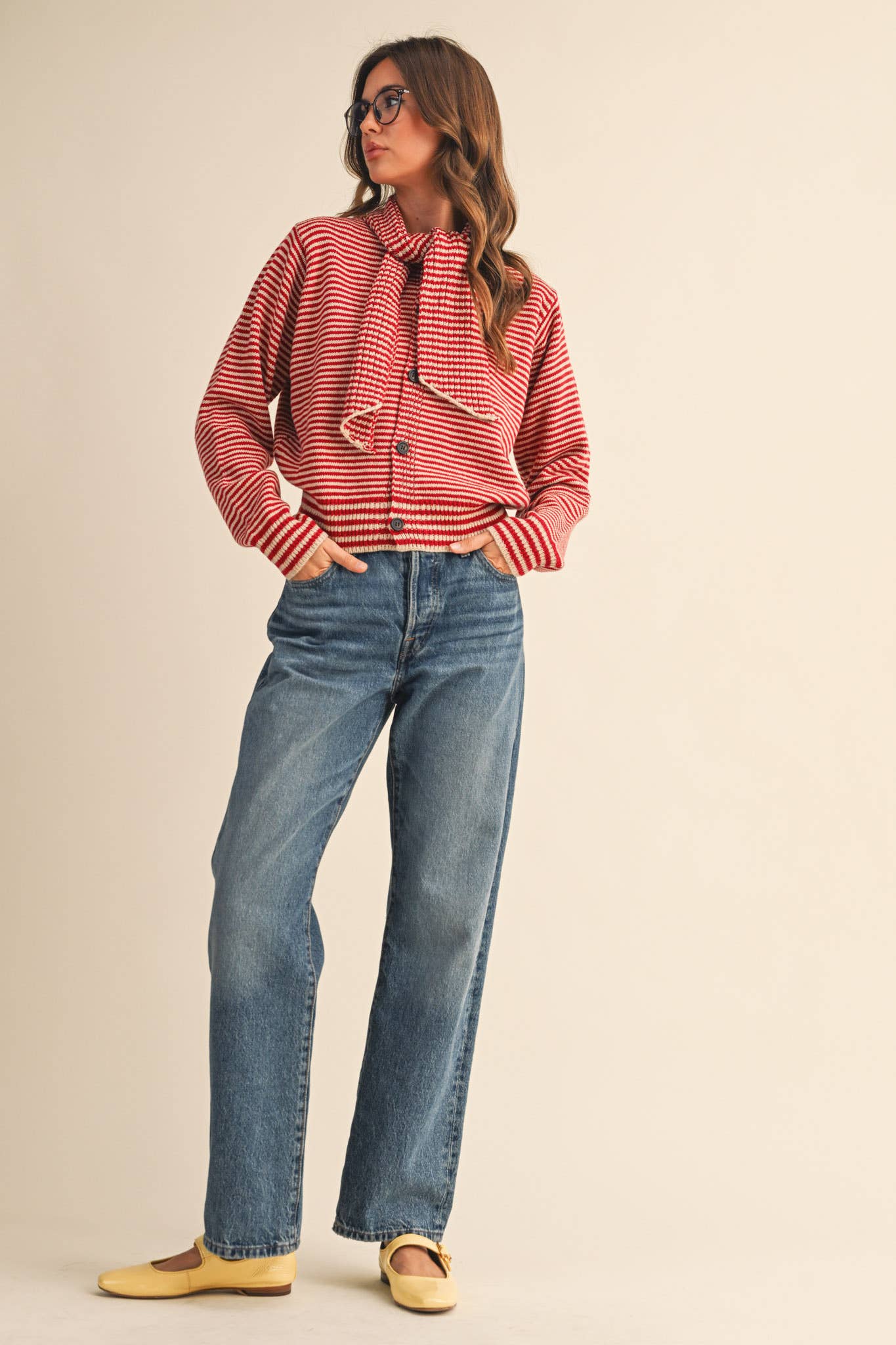 &MERCI - Wholesale Knit Sweater - Women's - STRIPED TYING NECK SWEATER CARDIGAN MSW1112519