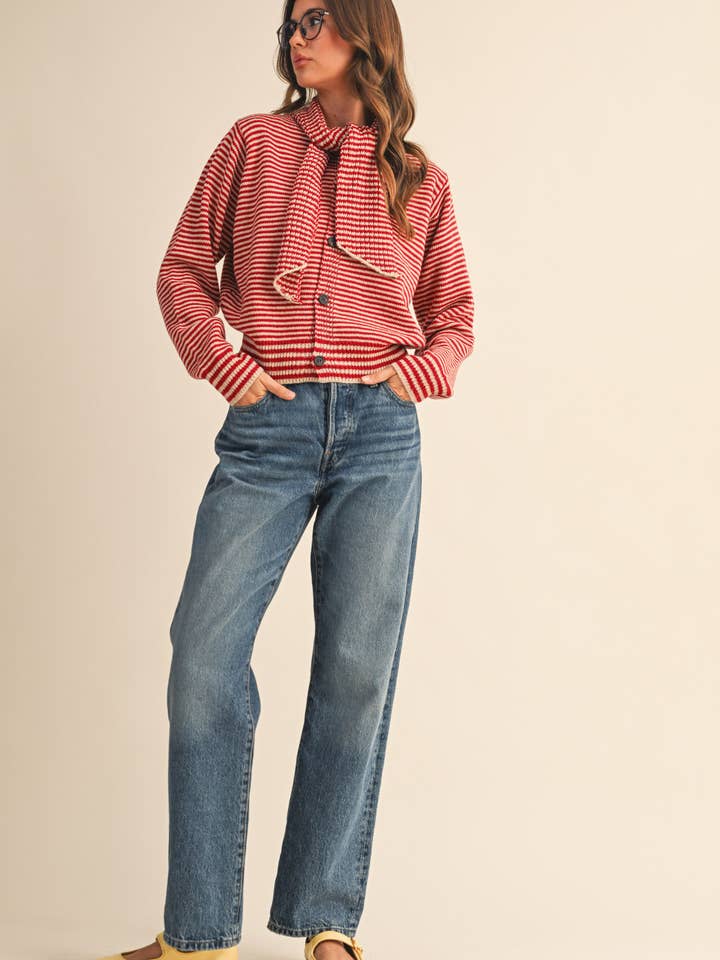 &MERCI - Wholesale Knit Sweater - Women's - STRIPED TYING NECK SWEATER CARDIGAN MSW1112510