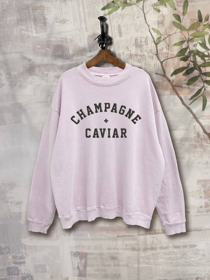 Vintage Point - Wholesale Graphic Sweatshirt - Women's - SWD385-P6216 - CHAMPAGNE & CAVIAR MINERAL WASHED SWEATSHIRT