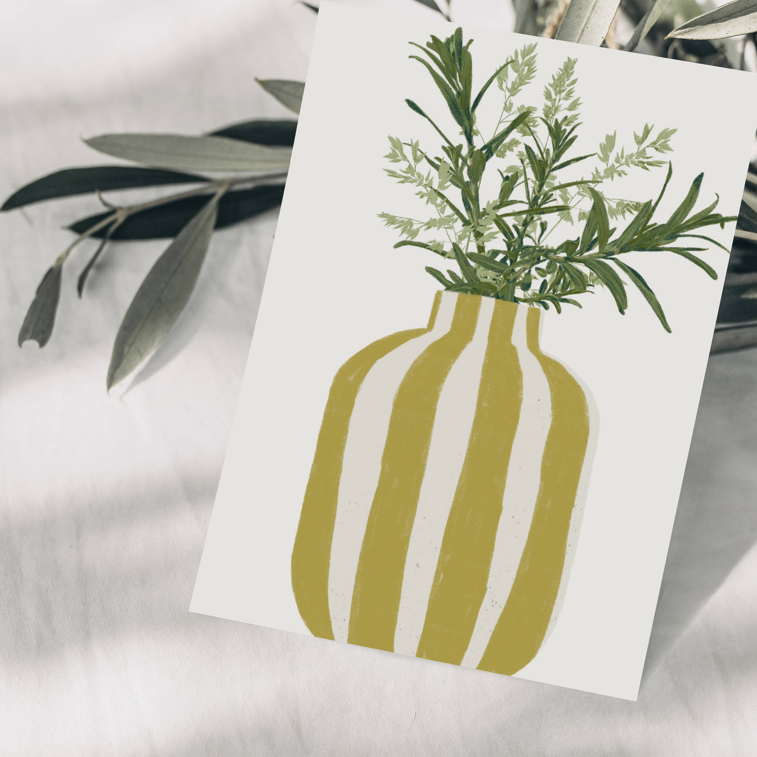 Wildblumen Atelier - Wholesale Postcard - Postcard Vase Yellow Stripes Sea Buckthorn Branches, FSC1