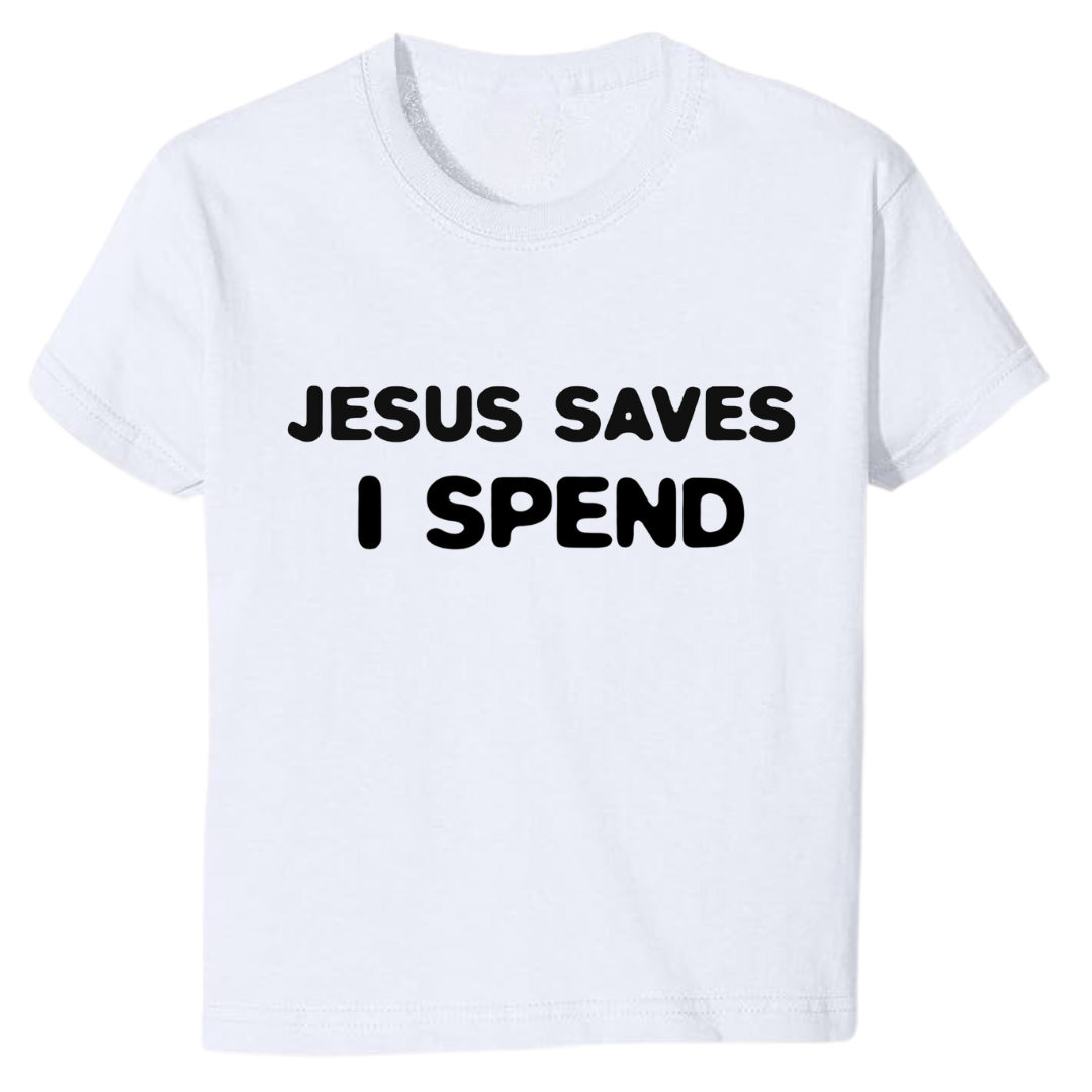 ZZZEBRAAA LIMITED - Venta al por mayor Camiseta serigrafiada - Mujer - Jesús salva, yo gasto - Camiseta corta - Y2K - Hecha a mano0