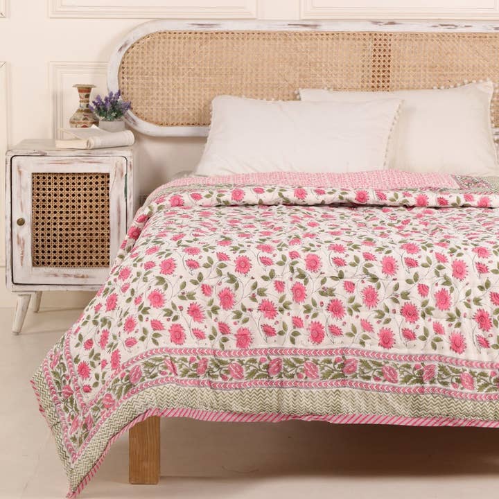 Handblock Printed Single Cotton Floral Pink Jaipuri Quilt for wholesale by Peepul Tree