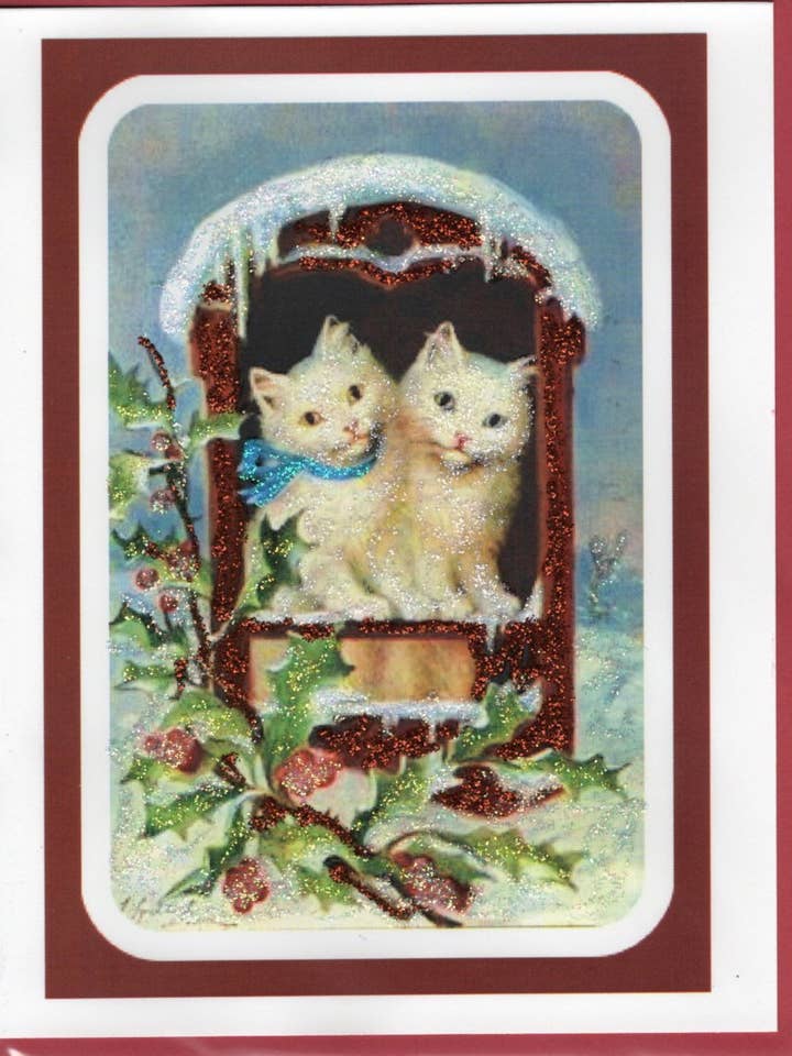 Two White Kitties Under Icicles Christmas Glitter Card for wholesale by The Marble Faun Gifts