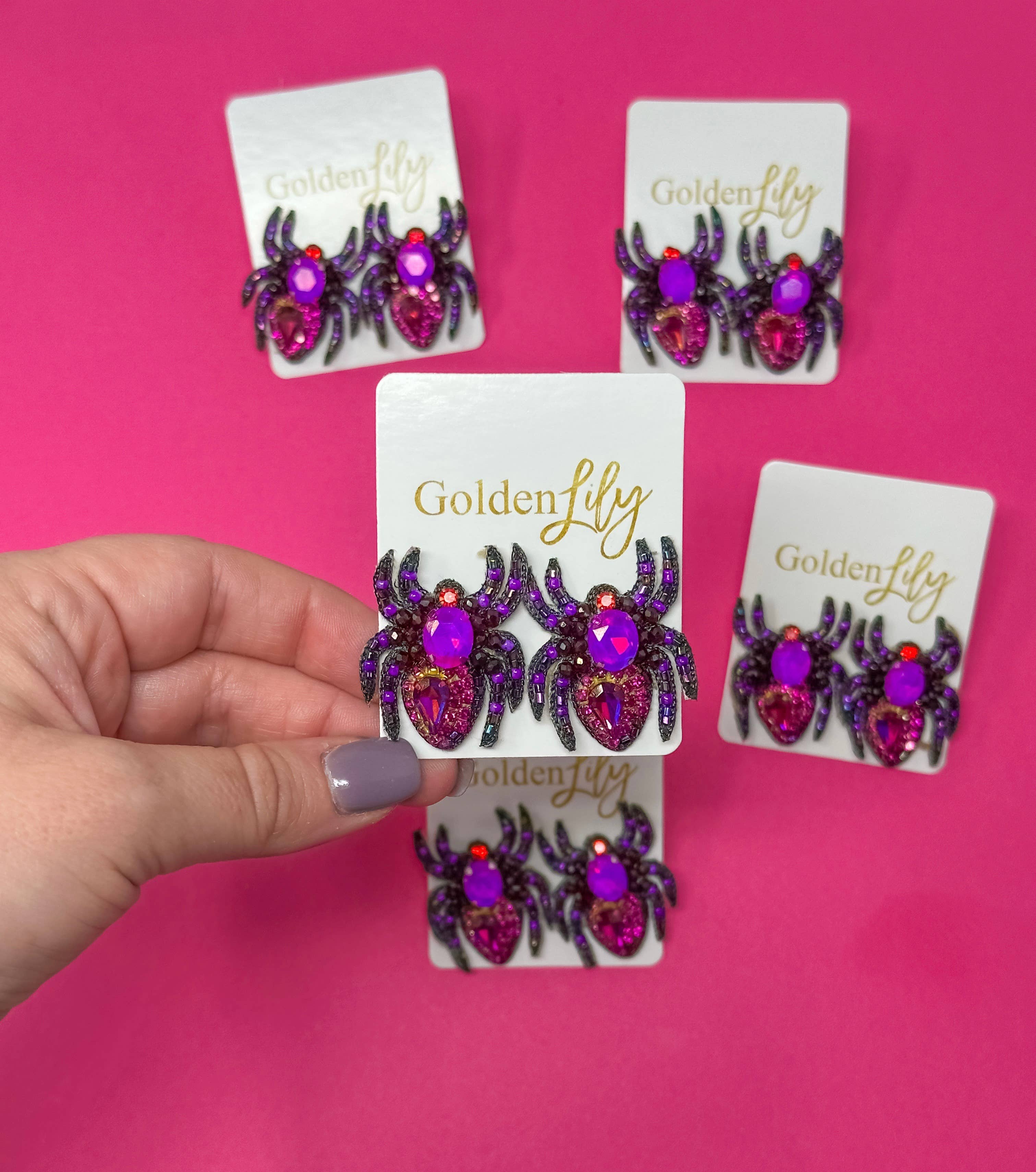 Golden Lily - Wholesale Stud/Post Earrings - Halloween Rhinestone Spider Stud Earrings