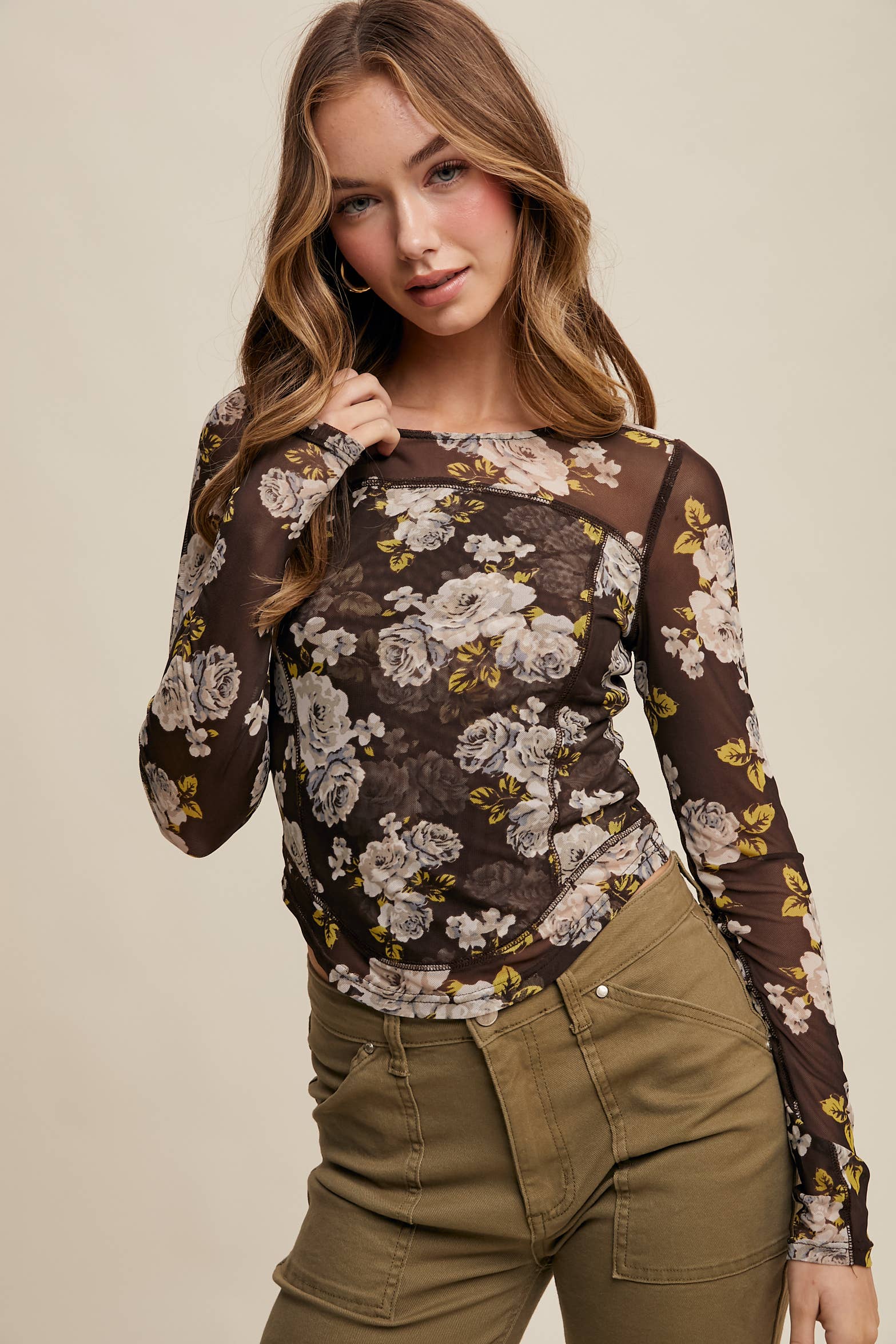 Listicle - Wholesale T-Shirt - Women's - Floral Mesh Long Sleeve Layering Top52