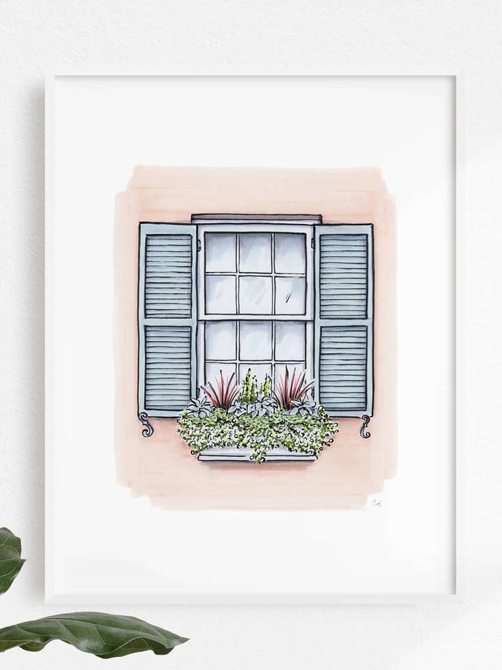 Flower Box Print of Pink House With Blue Shutters for wholesale by Texture Design Co