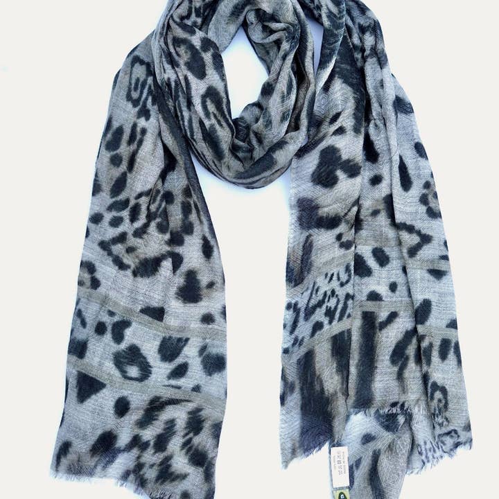 Himalayan Leopard Print Wool Scarf/Wrap Grey for wholesale on Faire