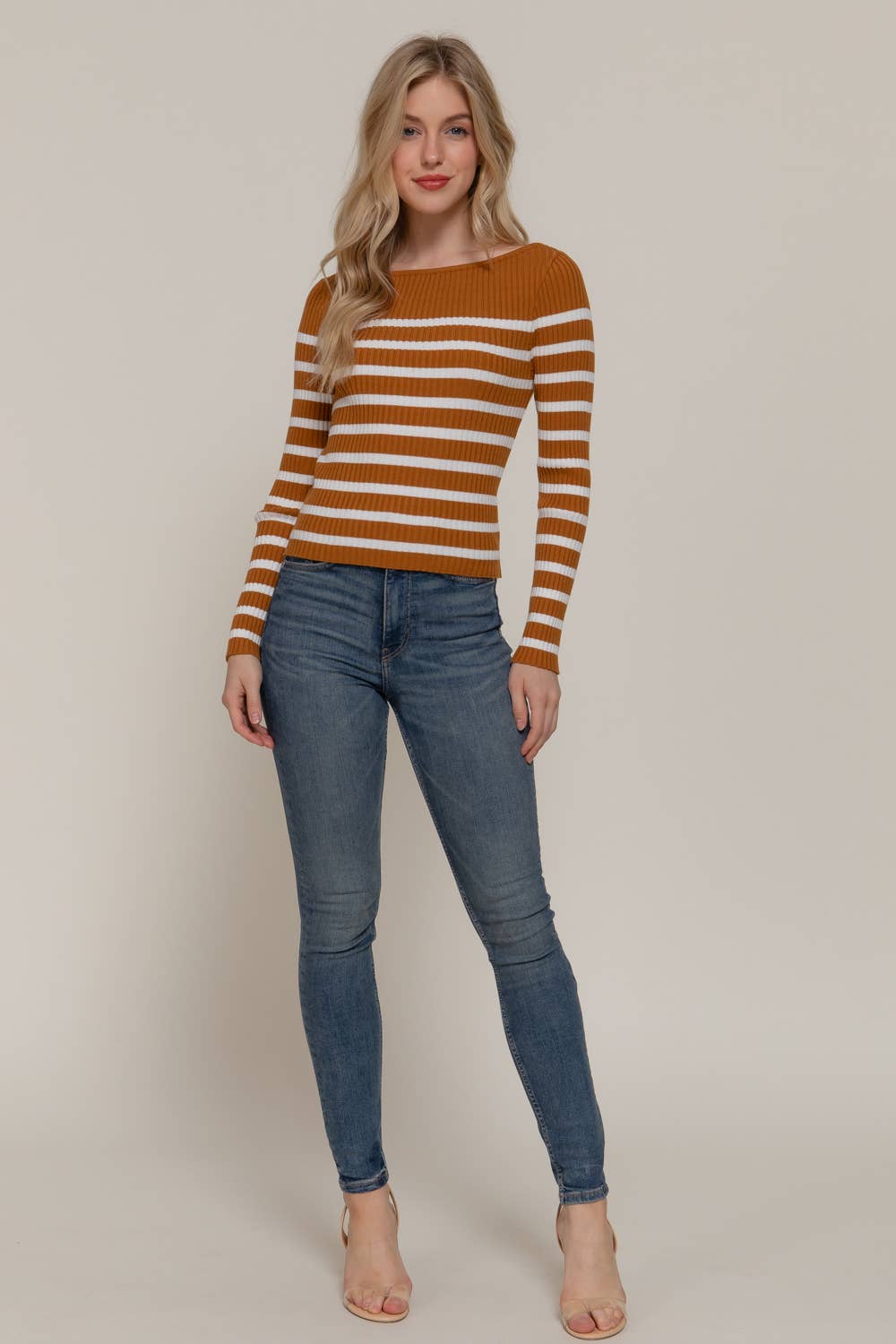 Active Basic | Active USA - Wholesale Knit Sweater - Women's - Long Sleeve Boat Neck Stripe Sweater15