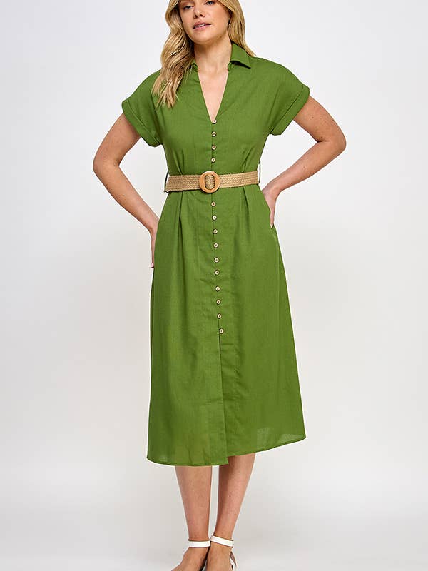 Linen Button Down Belted Midi Dress for wholesale by RUBIENN