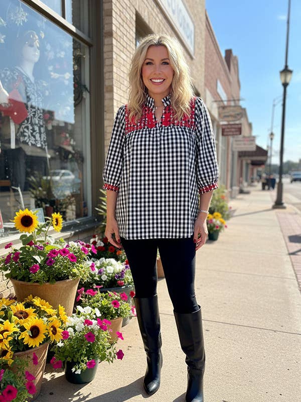 Black plaid red embroidery baby doll women top XCH16566 for wholesale by luluclothes