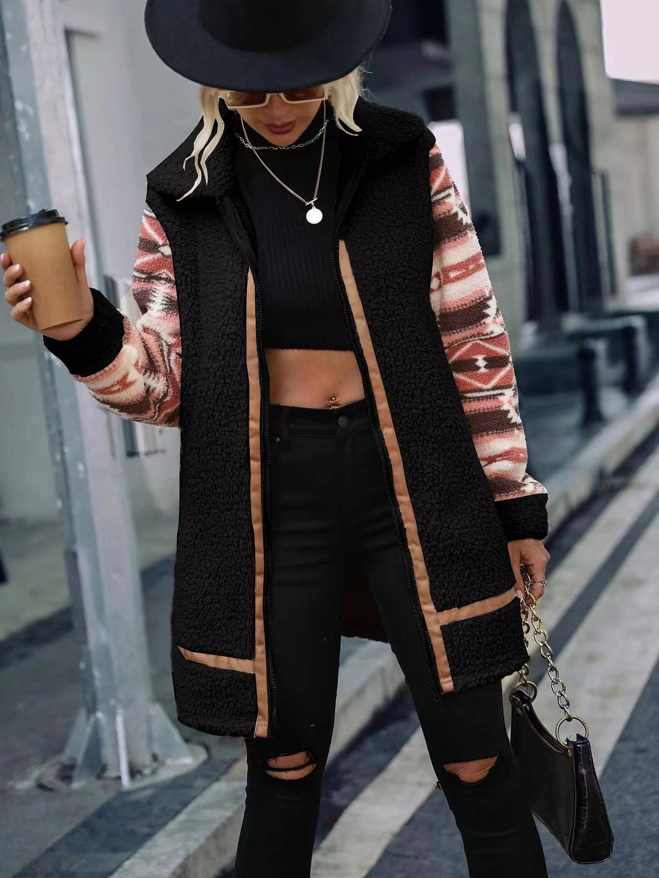 HIDDENBRAND - Wholesale Fur/Faux Fur Coat - Women's - Aztec patchwork sherpa zip coat17