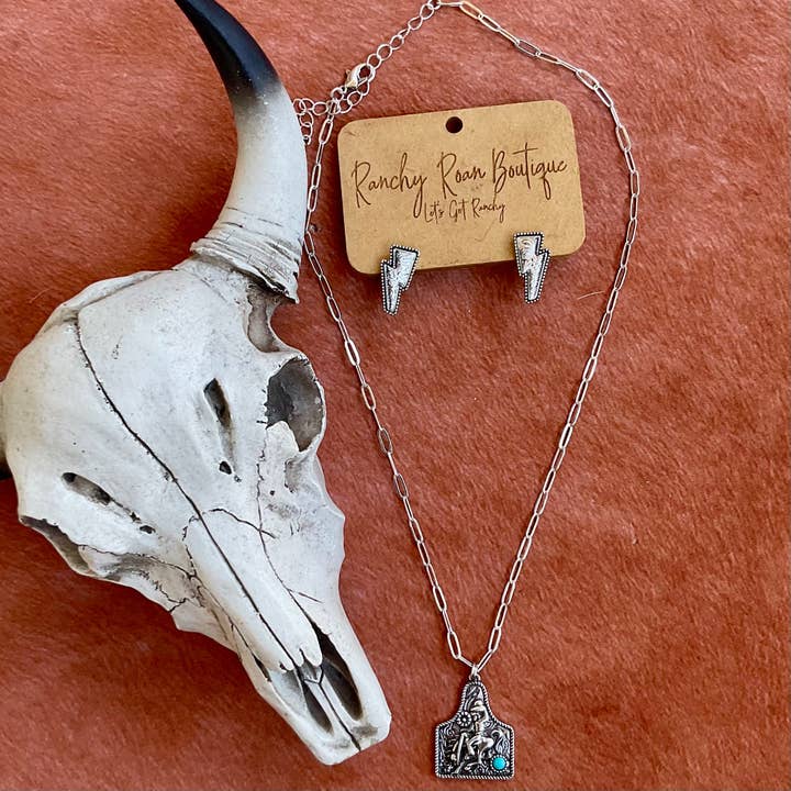 Western Cowboy Ear Tag Necklace – Burnished Silver & Turquoise for wholesale by Ranchy Roan Boutique