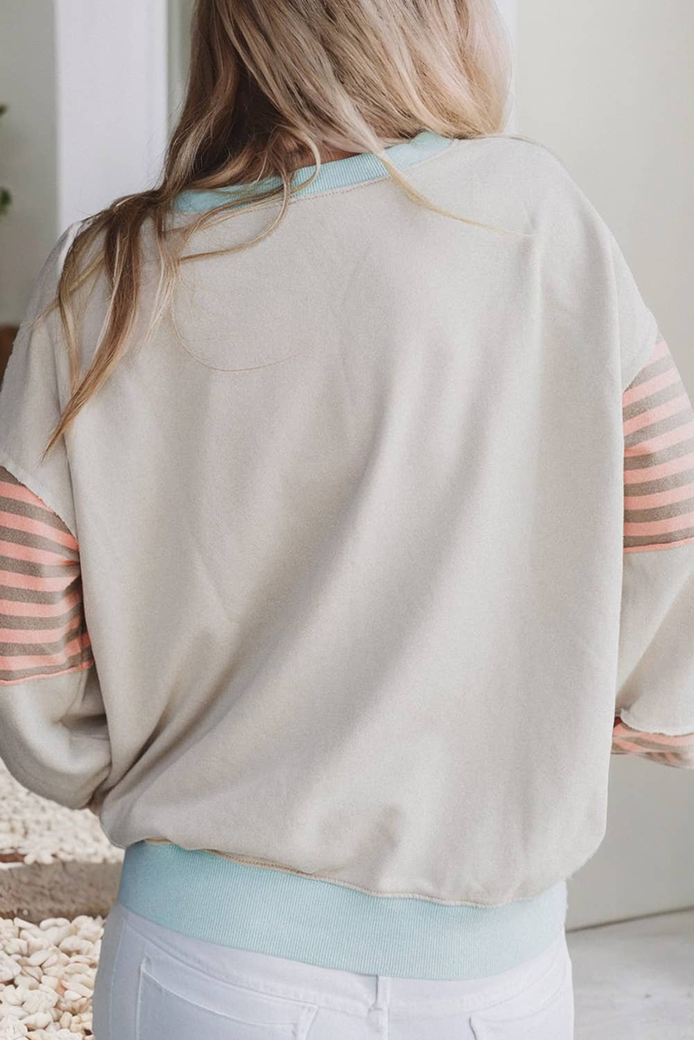Little Daisy Closet - Wholesale Blouse - Women's -  LDC Striped Colorblock Patchwork Drop Shoulder Sweatshirt1