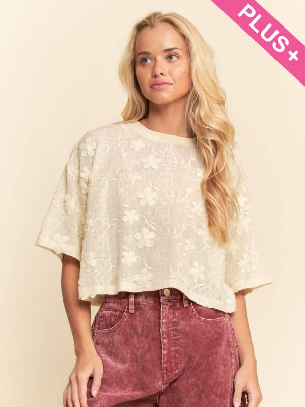 PLUS FLORAL RUFFLE SHORT SLEEVE BABYDOLL MESH TOP for wholesale by Davi & Dani