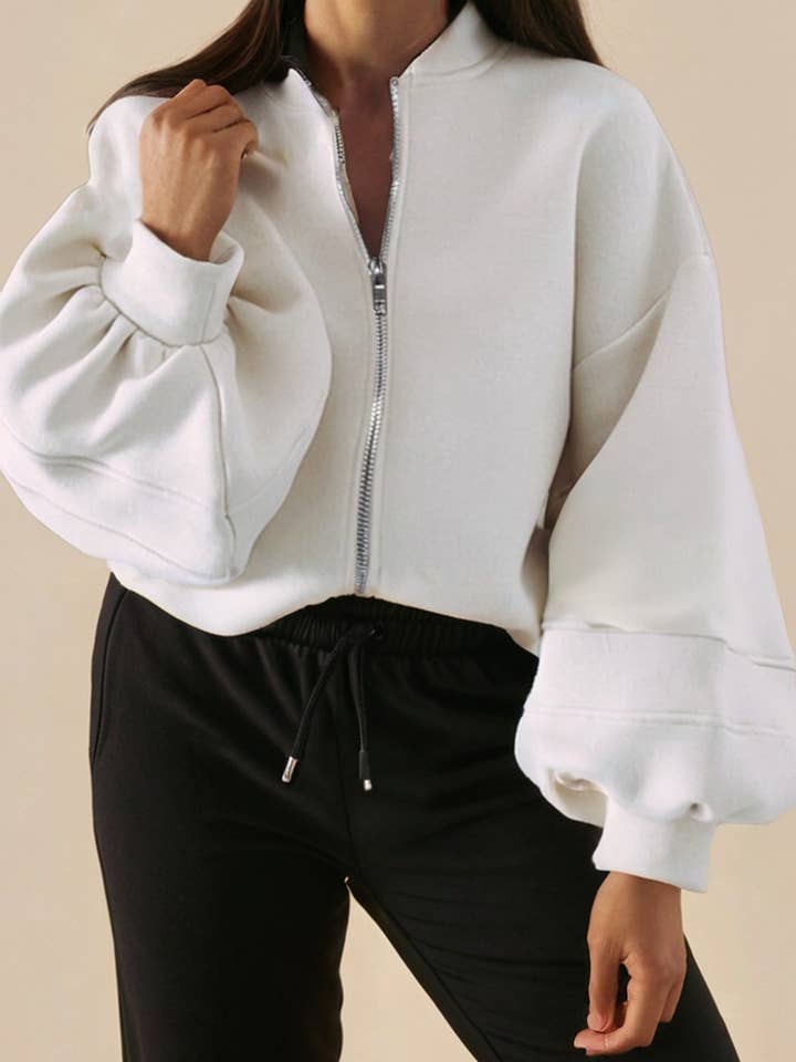 White Solid Solid Color Zip Up Knit Puff Sleeve Jacket for wholesale by LA Society