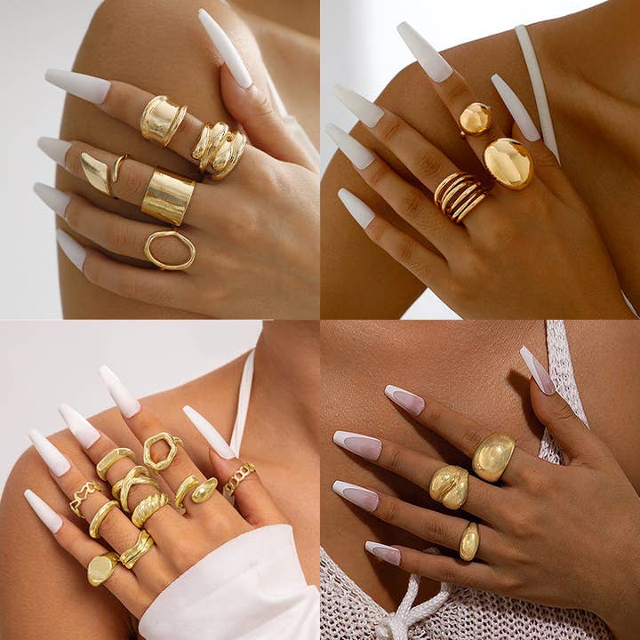 Geometrisk metal 'Lava Line' åbent ringsæt - 4 stk. for engroshandel hos DREAM VERA APPAREL