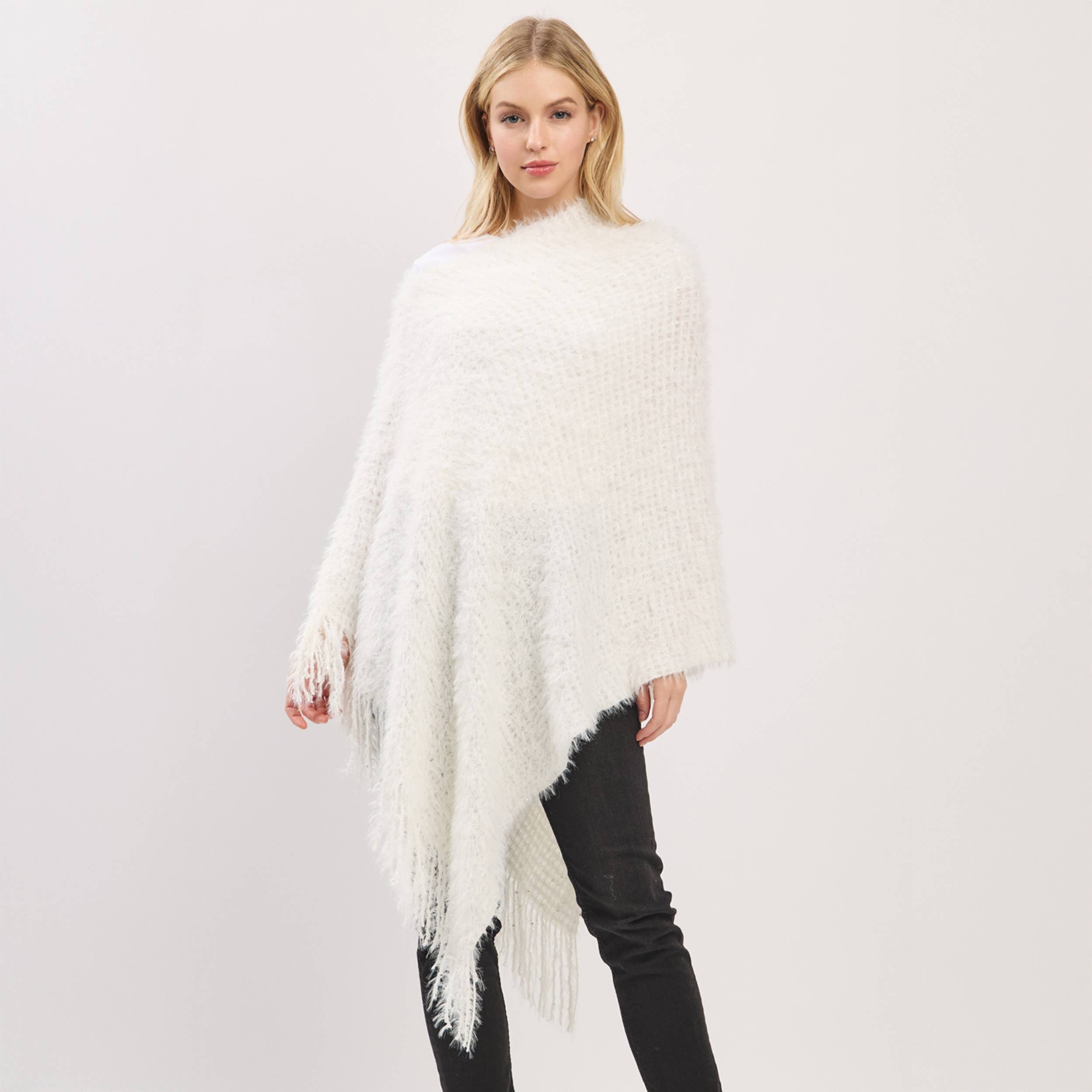 Hana – wholesale Poncho – Women's – Fuzzy Sequin with Fringe Light Weight Poncho25
