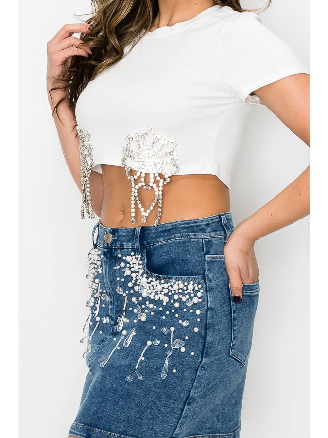 SALT - Wholesale Skirt - Women's - (SK1947) Denim Skirts with Pearls and Crystals (3 colors)