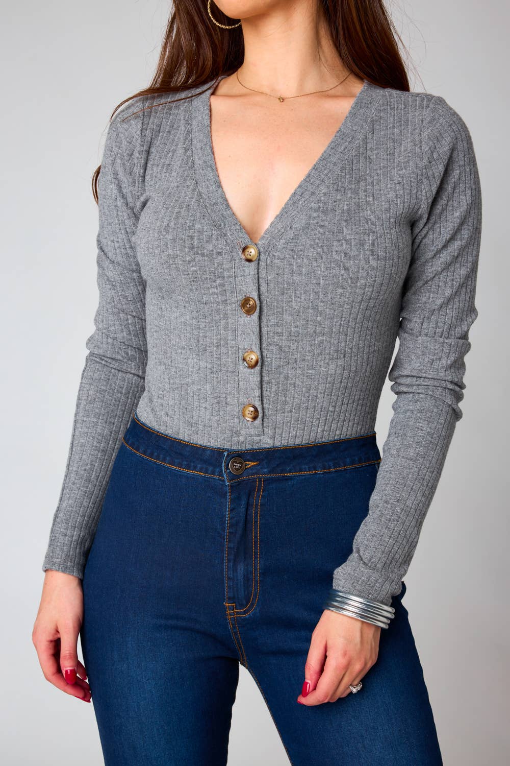 BuddyLove - Wholesale Bodysuit - Women's - Holly Gray Ribbed Long Sleeve Button Up Bodysuit1