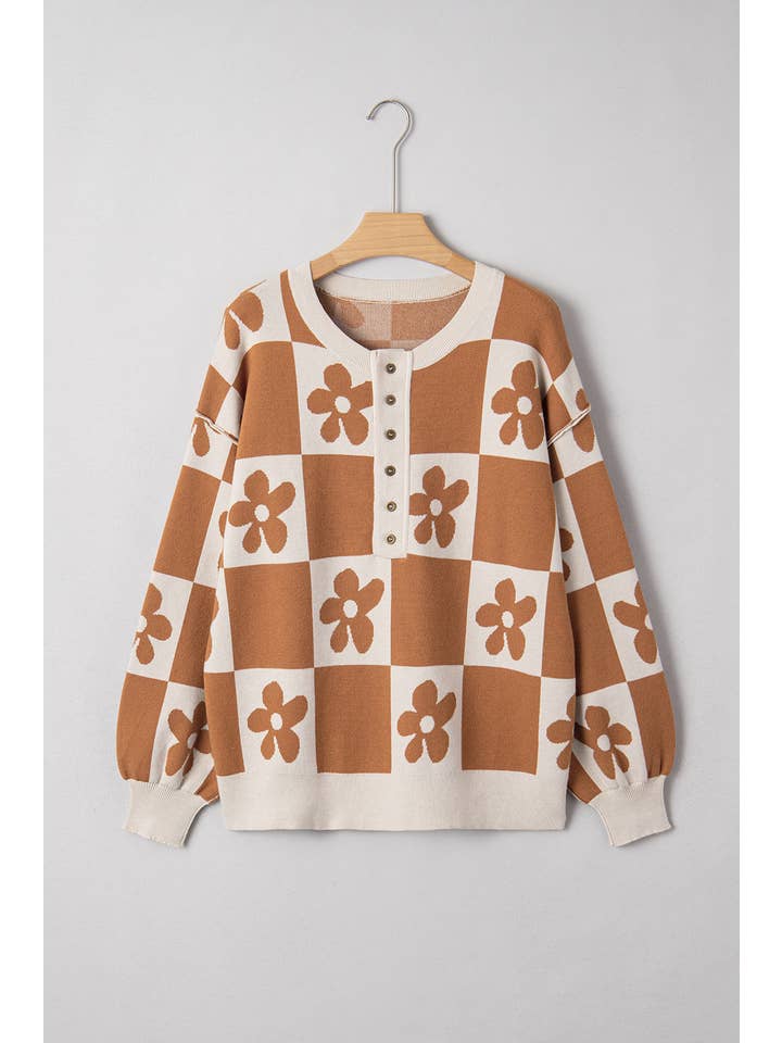 PartyEight - Wholesale Knit Sweater - Women's - Flower Plaid Henley Baggy Sweater