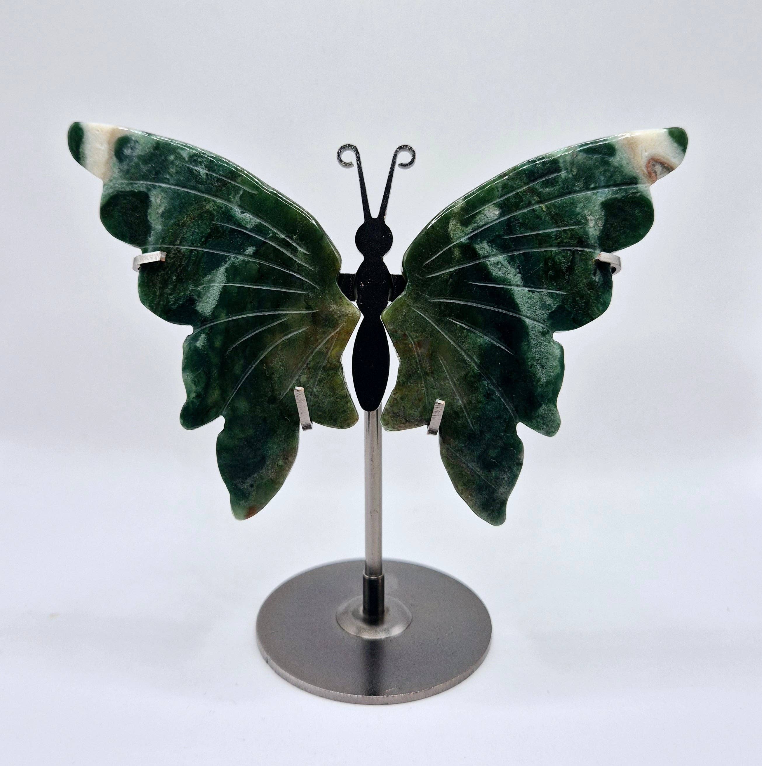 Moonlight Gemstones - Wholesale Decorative Tabletop Object - Moss Agate Crystal Carving with Metal Stand2