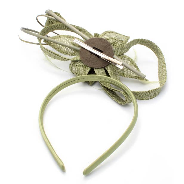 Inca UK – wholesale Fascinator hat – Women's – Style Ruby. Sage Green sinamay flower fascinator with quills