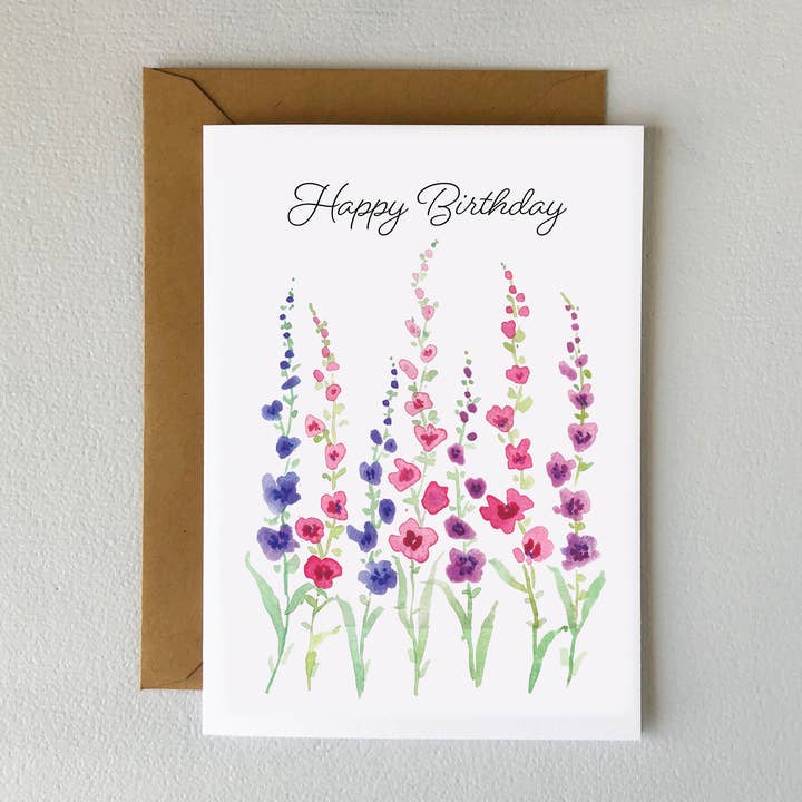 Hollyhock Birthday card for wholesale by Oxford Comma Co.
