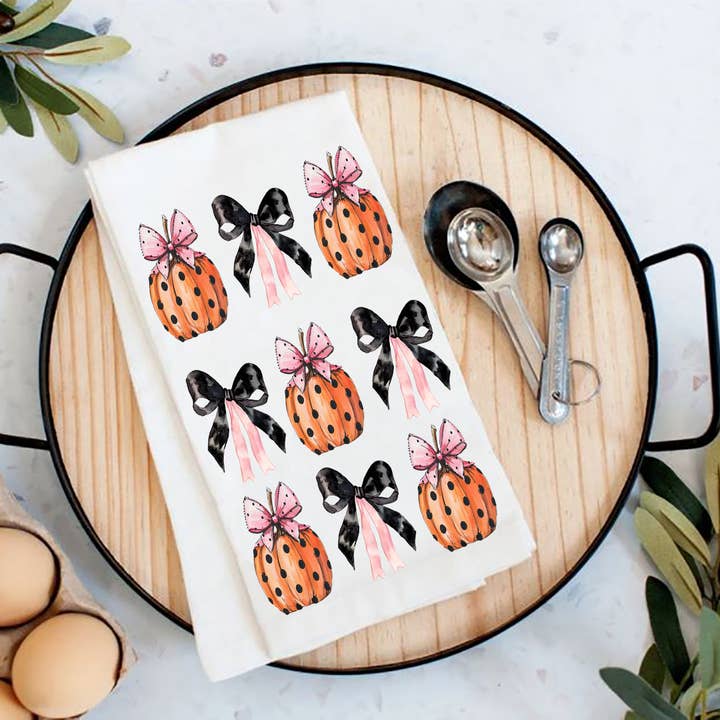 Halloween Pumpkins and Bows Tea Towel for wholesale by Avery Lane Gifts